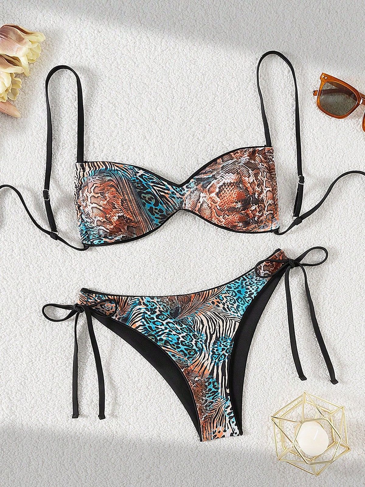 Women's Clothing Leopard Print Lace-Up Swimsuit Bikini Set Three-Piece Sexy Swimwear For Hot Spring Beach_ecoleips.com