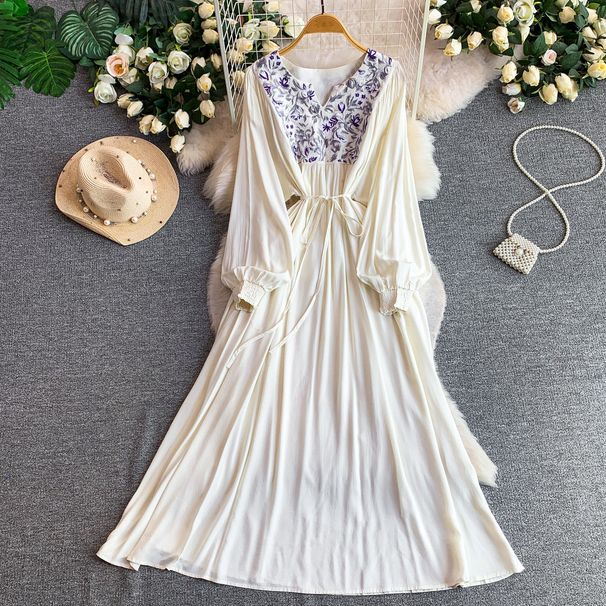 Women's French Retro Heavy Duty Art Embroidery Dress V Neck Long Sleeve Loose Fitting Tie Waist Elegant Long Dress for Summer_ecoleips.com