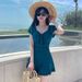 Sweet Ruffle Sleeve One Piece Swimsuit Dress With Bow Front Ruched Waist Flared Skirt Modest Swimwear For Beach Pool Vacation_ecoleips.com
