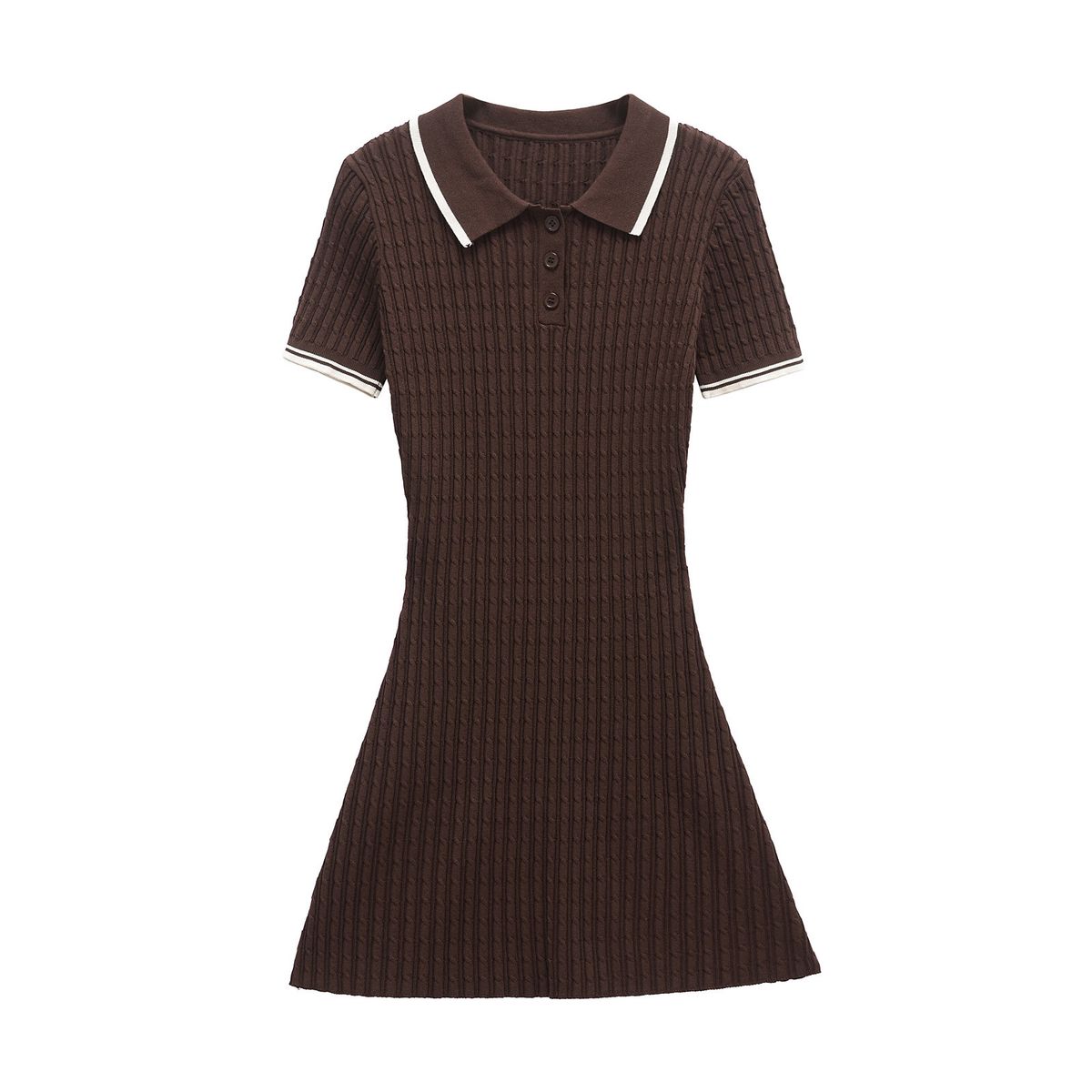 Classic Women's Mini Dress Braided Knit A-Line Short Sleeve Coffee Brown Breathable Comfort Elegant_ecoleips.com