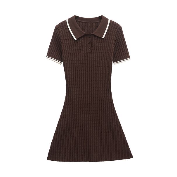 Classic Women's Mini Dress Braided Knit A-Line Short Sleeve Coffee Brown Breathable Comfort Elegant_ecoleips.com