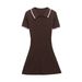 Classic Women's Mini Dress Braided Knit A-Line Short Sleeve Coffee Brown Breathable Comfort Elegant_ecoleips.com