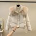 Women's Winter Short Puffer Jacket With Detachable Faux Fur Collar, Loose Fit, Warm Cozy Outerwear In Black/Brown/Cream/Wine_ecoleips.com
