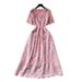 French Style Women's Lace V Neck Dress Butterfly Hollow Out Summer Korean Short Sleeve Waist Cinching Slimming A-Line Skirt Pink_ecoleips.com