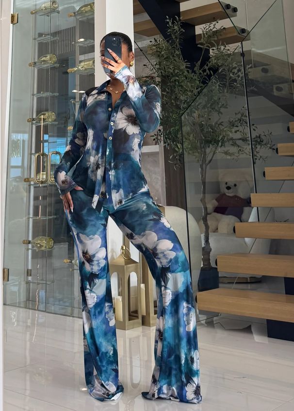 Women's Clothing Women's Style Two Piece Set Printed Mesh Collared Long Sleeved Button Down Cardigan And Flared Trousers_ecoleips.com