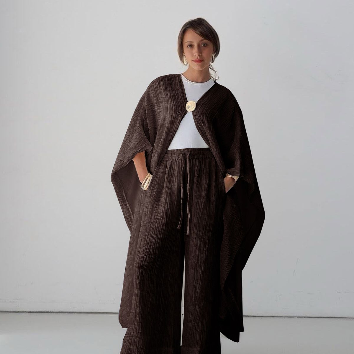 Women's Clothing Elegant Solid Color Button-Up Cardigan Skirt Set Soft Polyester Blend With Stretch Comfortable Office Wear (White, Brown, Black)_ecoleips.com