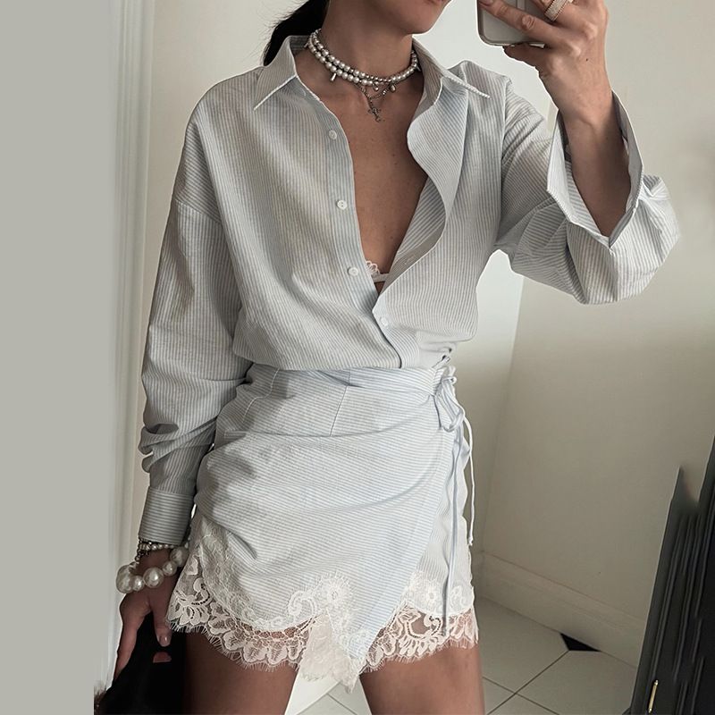 Elegant Lace Striped Long Sleeve Shirt And Skirt Set For Women Summer Style Women's Clothing_ecoleips.com