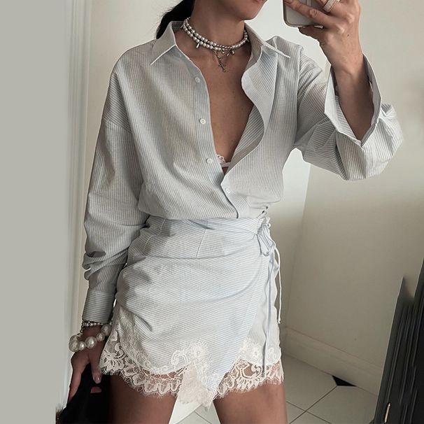 Elegant Lace Striped Long Sleeve Shirt And Skirt Set For Women Summer Style Women's Clothing_ecoleips.com
