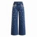 Women's Distressed Straight Leg Jeans Rhinestone Embellished Denim Pants Comfort Fit Stretch_ecoleips.com