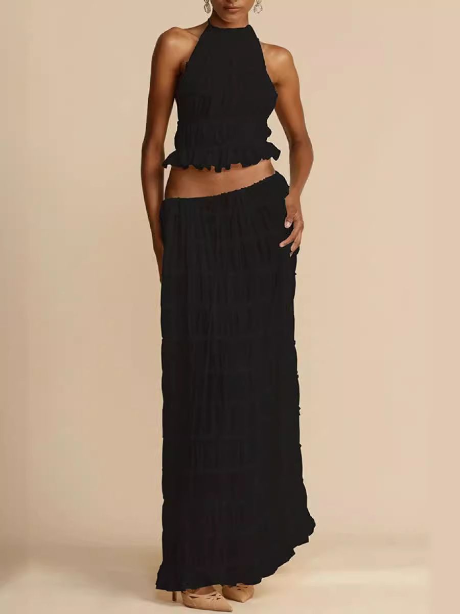 Summer Backless Dress With Pleated Lace And Ruffled Trim, Long Skirt Set_ecoleips.com