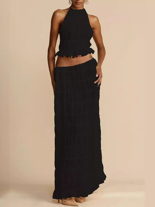 Summer Backless Dress With Pleated Lace And Ruffled Trim, Long Skirt Set_ecoleips.com