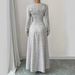 Women's Clothing Printed Long Sleeved Elegant V Neck Long Skirt Waist Slimming Dress_ecoleips.com