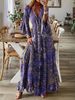 Women's Bohemian Style Long Skirt Dress V Neck Trumpet Sleeve Printed High Waist Floral Vacation Gown_ecoleips.com