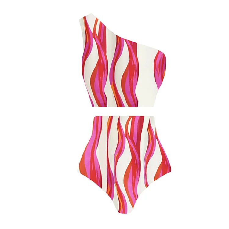 Women's Clothing Bikini New One Shoulder Striped Print High Waist Split Swimsuit Suit Female Cross Border Hot Style_ecoleips.com
