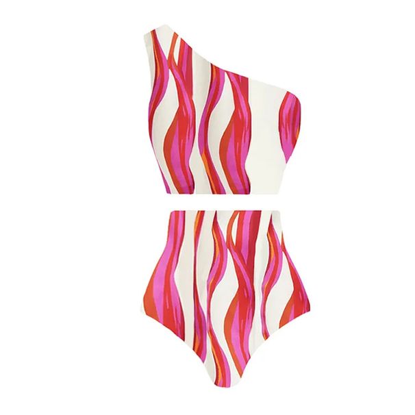 Women's Clothing Bikini New One Shoulder Striped Print High Waist Split Swimsuit Suit Female Cross Border Hot Style_ecoleips.com