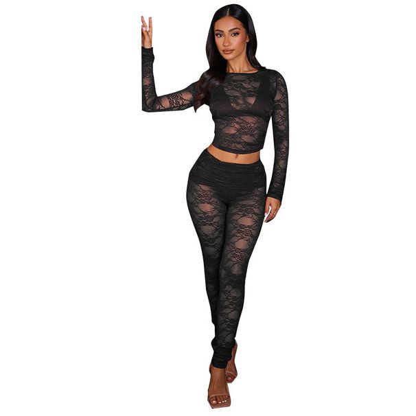 European-Style Leather & Lace Suit Set – Slim-Fit Cropped Jacket With High-Waist Trousers, Sexy Mesh Detailing (Black/Red, S-XL)_ecoleips.com