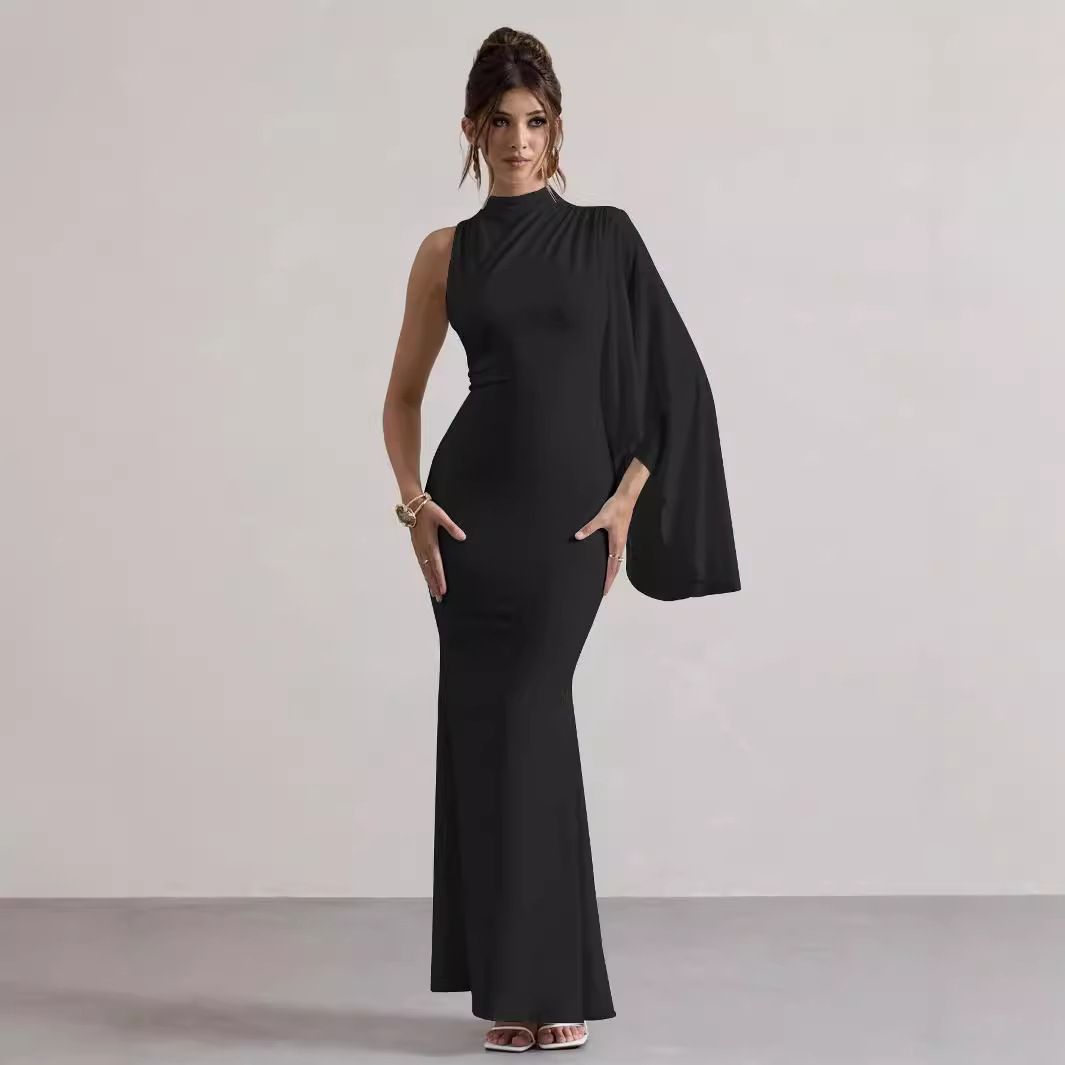 Elegant Asymmetrical Long Sleeve Bodycon Dress - Stretch Polyester Blend, Round Neck, Solid Color, Work-to-Night Versatility (XS/S/M/L)_ecoleips.com