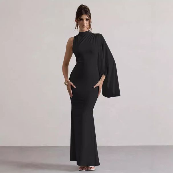 Elegant Asymmetrical Long Sleeve Bodycon Dress - Stretch Polyester Blend, Round Neck, Solid Color, Work-to-Night Versatility (XS/S/M/L)_ecoleips.com