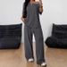 Women's Asymmetrical Neck Wide Leg Jumpsuit Set Casual Knit Two Piece Outfit with 5/4 Sleeve T-Shirt And Trousers Solid Color Loungewear_ecoleips.com