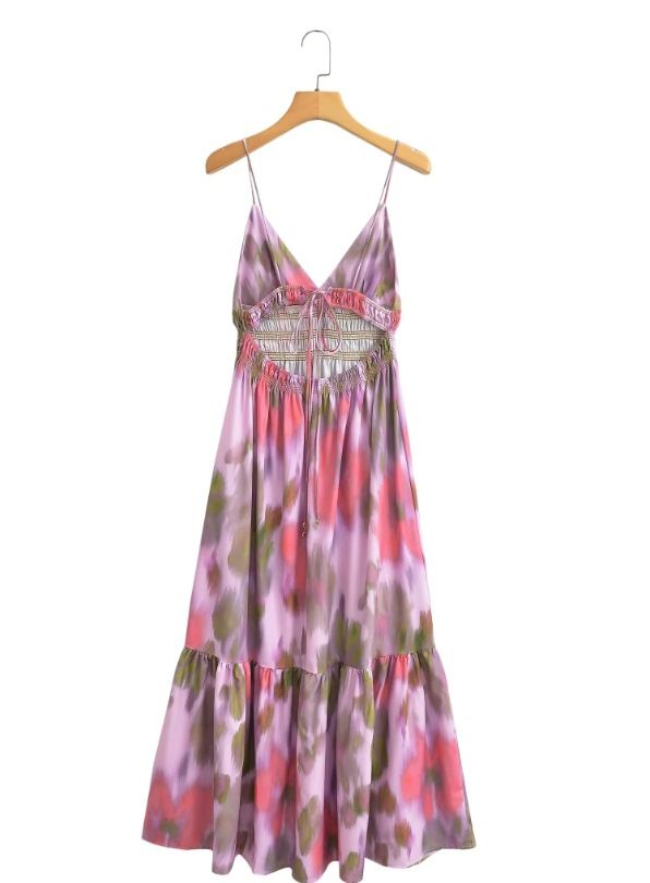 Tie-Dye Print Wrap Waist Slip Dress, Flattering Bodycon Midi Dress With Adjustable Tie, French Style Elegance For Women_ecoleips.com