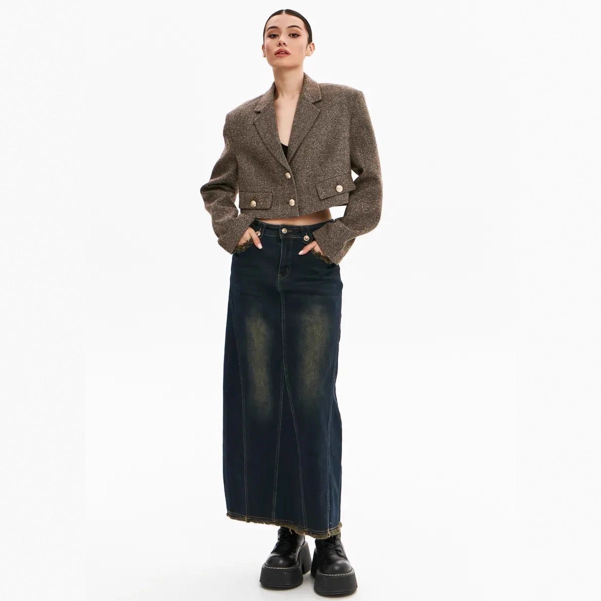 Amaz Cross-Border 2025 New Trendy Retro Slit A-Line Denim Skirt For Women, High-Waisted, Pear-Shaped Body, Autumn_ecoleips.com