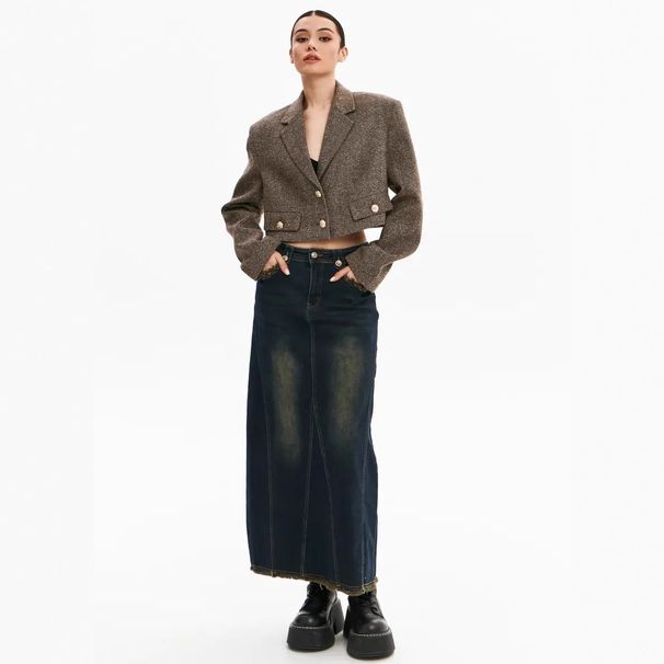 Amaz Cross-Border 2025 New Trendy Retro Slit A-Line Denim Skirt For Women, High-Waisted, Pear-Shaped Body, Autumn_ecoleips.com