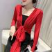 Elegant Feminine Sunscreen Long Sleeve Base Layer Top V Neck Slim Fit Waist Cinching Tie up Printed Mesh Top for Women_ecoleips.com