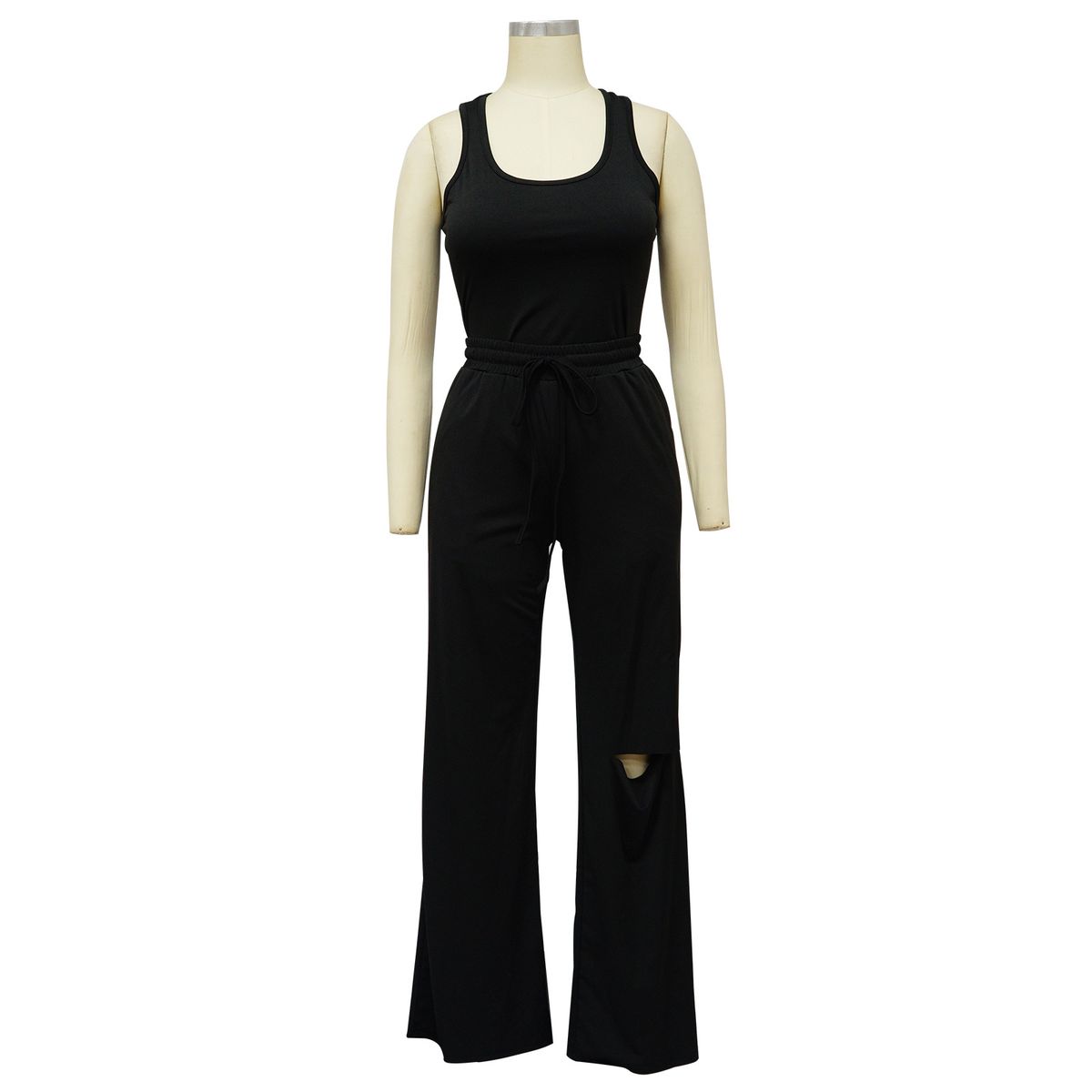 K Women's Solid Color U-neck Jumpsuit With Ripped Wide Leg Pants Set New_ecoleips.com