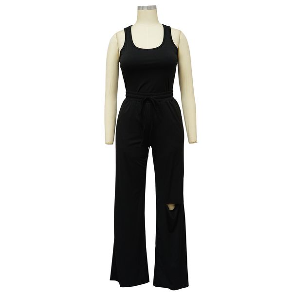K Women's Solid Color U-neck Jumpsuit With Ripped Wide Leg Pants Set New_ecoleips.com