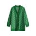 autumn And Winter New V-neck Cardigan Women's Casual Loose Diamond Grid Knit Sweater Jacket_ecoleips.com
