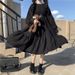 Long Sleeve A-Line Dress With Waist Gathering, High Waist, Black, Sweet And Cute For Women Versatile Long Sleeve Design_ecoleips.com