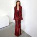 Women's Retro Lace Bell Sleeve Deep V Neck Slightly Sheer High Slit Skirt Set Spring New Clothing Sexy_ecoleips.com