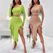 Women's Fashionable Elegant Solid Color Round Neck Long Sleeved Top And Ruffle Skirt Set_ecoleips.com