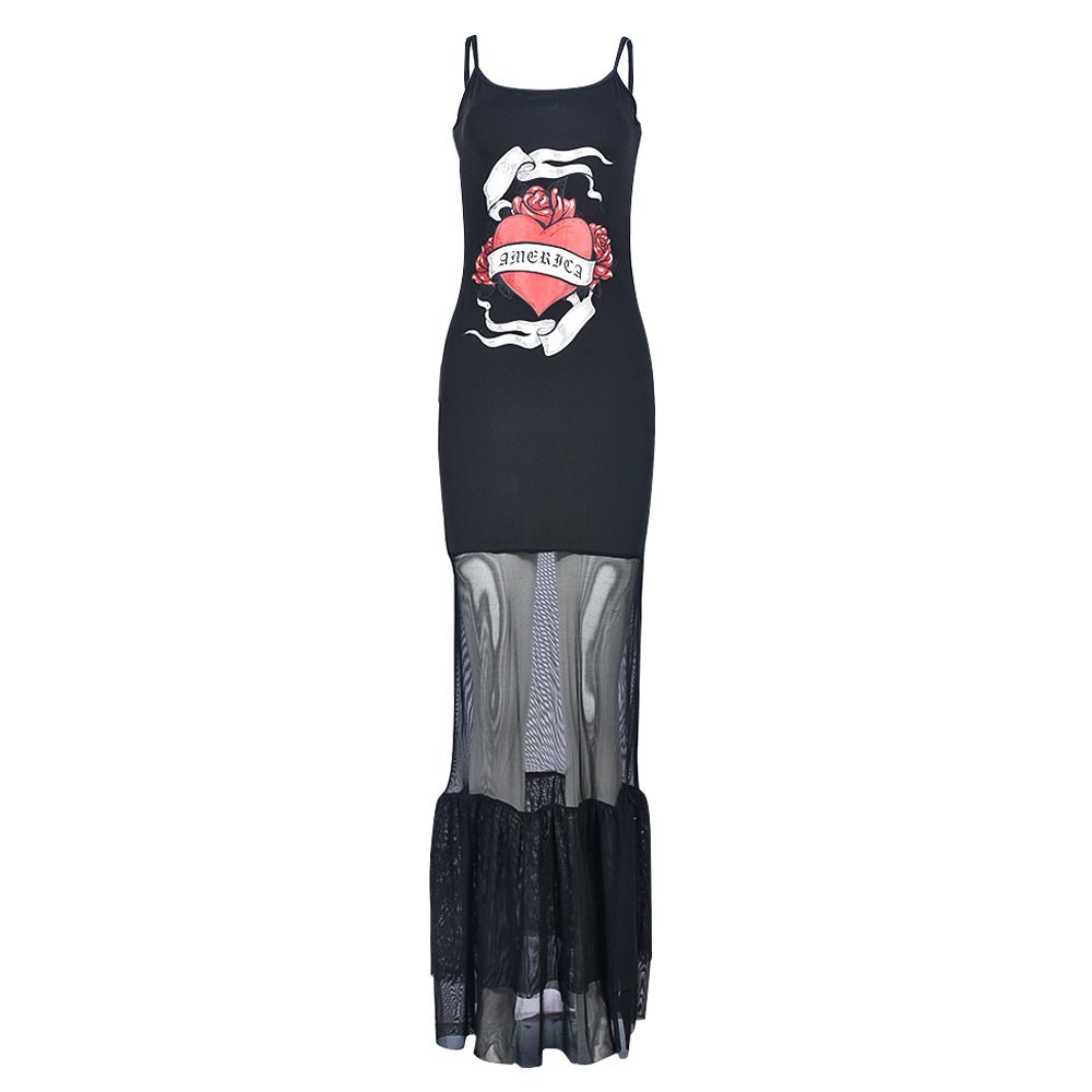 Women's Clothing Street Sexy Slim Suspenders Long Mesh Dress_ecoleips.com
