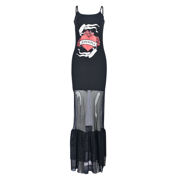 Women's Clothing Street Sexy Slim Suspenders Long Mesh Dress_ecoleips.com