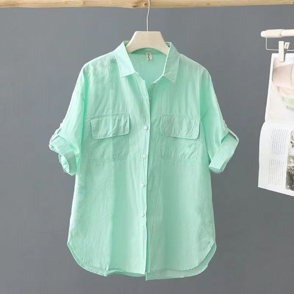 Women's Clothing Cotton Short Sleeved Solid Color Shirt Summer New Outer Shirt Design Double Pocket Loose Thin Top For Women_ecoleips.com