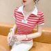 Women's Clothing Summer New Color Matching Striped Short Sleeved T Shirt Women's Slim And Versatile Contrast Color Collar T Shirt Women_ecoleips.com