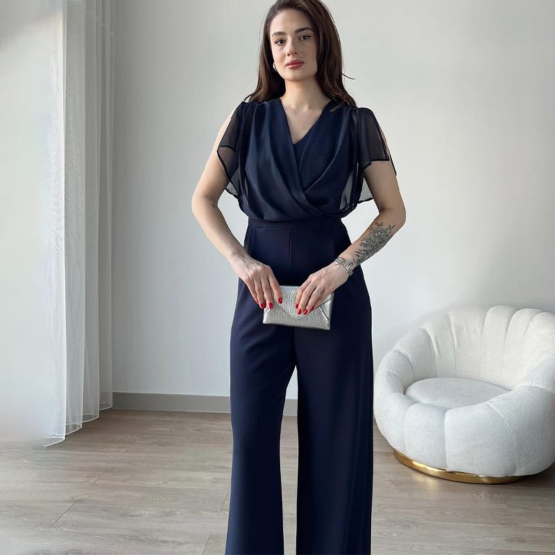 Women's Clothing Spring New Solid Color Short Sleeve V Neck Zipper Slim Jumpsuit_ecoleips.com