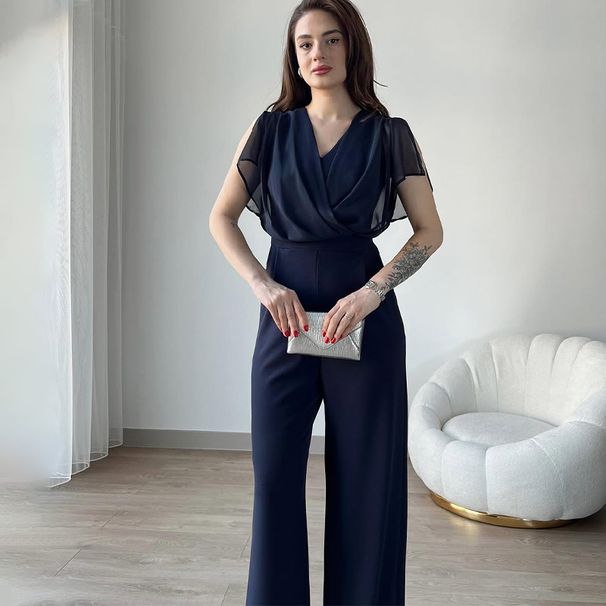 Women's Clothing Spring New Solid Color Short Sleeve V Neck Zipper Slim Jumpsuit_ecoleips.com