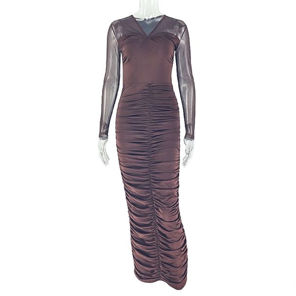 Elegant V-Neck Bodycon Dress For Women - Long Sleeve Pleated Slim Fit Dress, Solid Color Streetwear, European & American Style_ecoleips.com