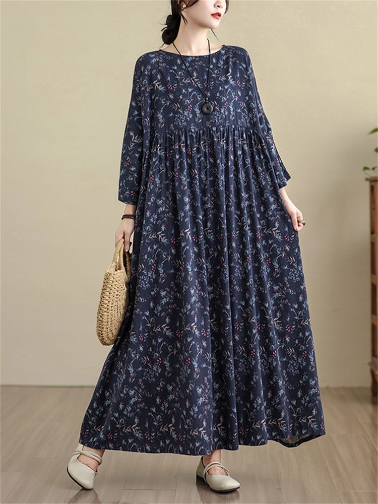 Cotton Long Sleeve Vintage Print Vintage Dresses For Women Oversize Casual Loose Long Dress Femme Robe Vestidos Elegant Clothing_ecoleips.com