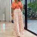 Women's Printed V-Neck Short Sleeve Blouse & Wide Leg Pants Set - Stylish Office Wear, Comfortable Polyester Blend, Blue & Orange Red, S-Xxl_ecoleips.com