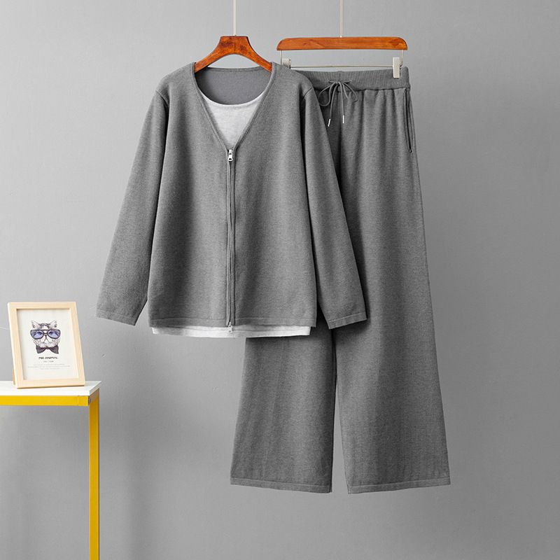 Women's Autumn Fashion Faux Fur Two Piece Set Knitted Top with Drawstring Wide Leg Pants Casual Sportswear_ecoleips.com