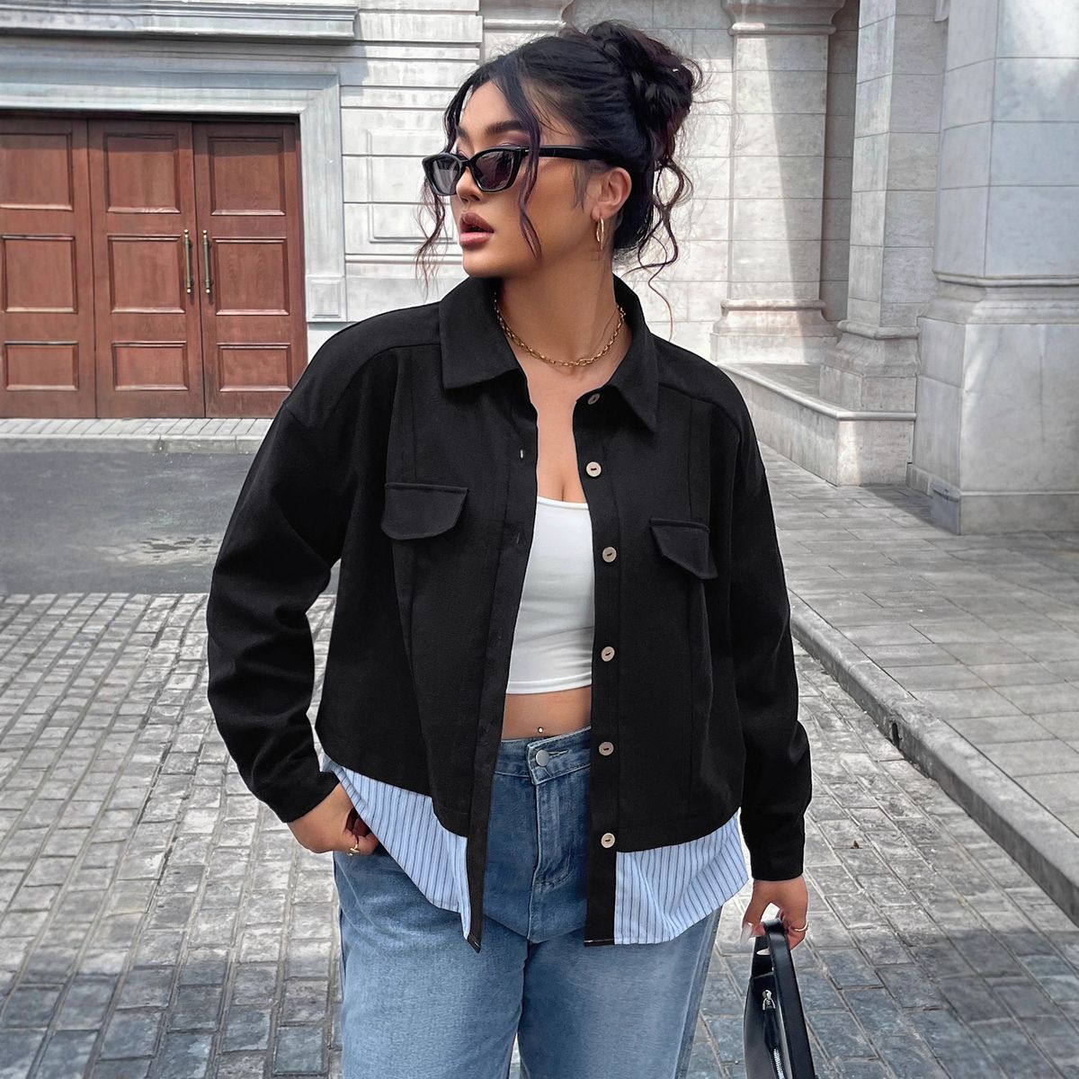 "Women's Plus Size Lightweight Coat - Patchwork Striped Design, Casual & Commuter Style, Early Spring/Autumn Outerwear"_ecoleips.com