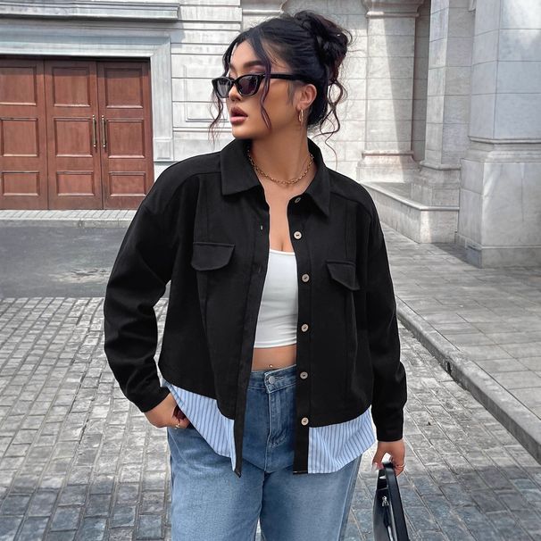 "Women's Plus Size Lightweight Coat - Patchwork Striped Design, Casual & Commuter Style, Early Spring/Autumn Outerwear"_ecoleips.com