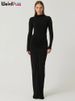 Weird Puss Hipster Ruched Dress Women O-NeckFull Sleeve Skinny Stretch Robe Autumn Trend Simple Classic Pleats Long Bodycon_ecoleips.com