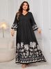 Aria Basics Aria Basics Cross-Border New Bell Sleeve Loose European And American Elegant Style V-Neck Printed Long Dress For Women_ecoleips.com