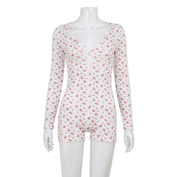 Women's Clothing Fashion Long Sleeved Printed Low Cut Sexy Jumpsuit Shorts_ecoleips.com