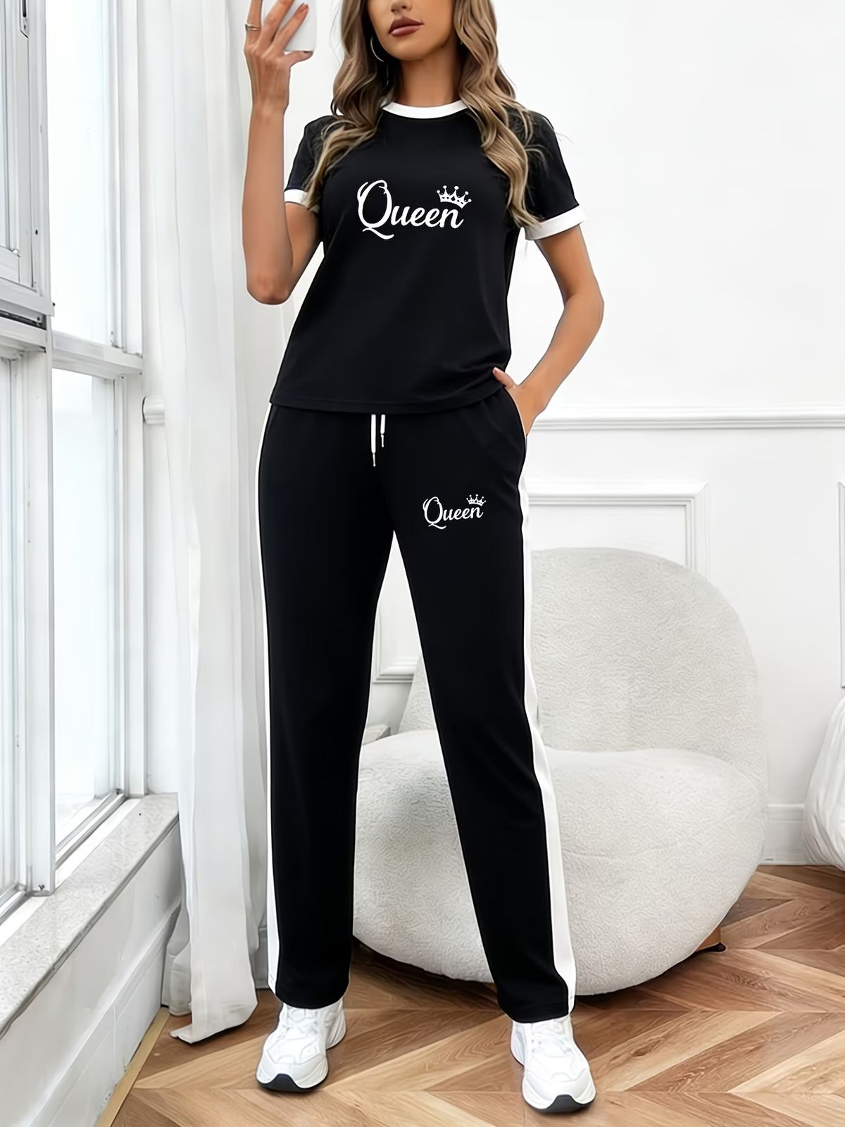 Women's Clothing Women's Summer Fashionable Casual Two Piece Set Simple Round Neck Short Sleeve Top And Loose Pants Print Design_ecoleips.com
