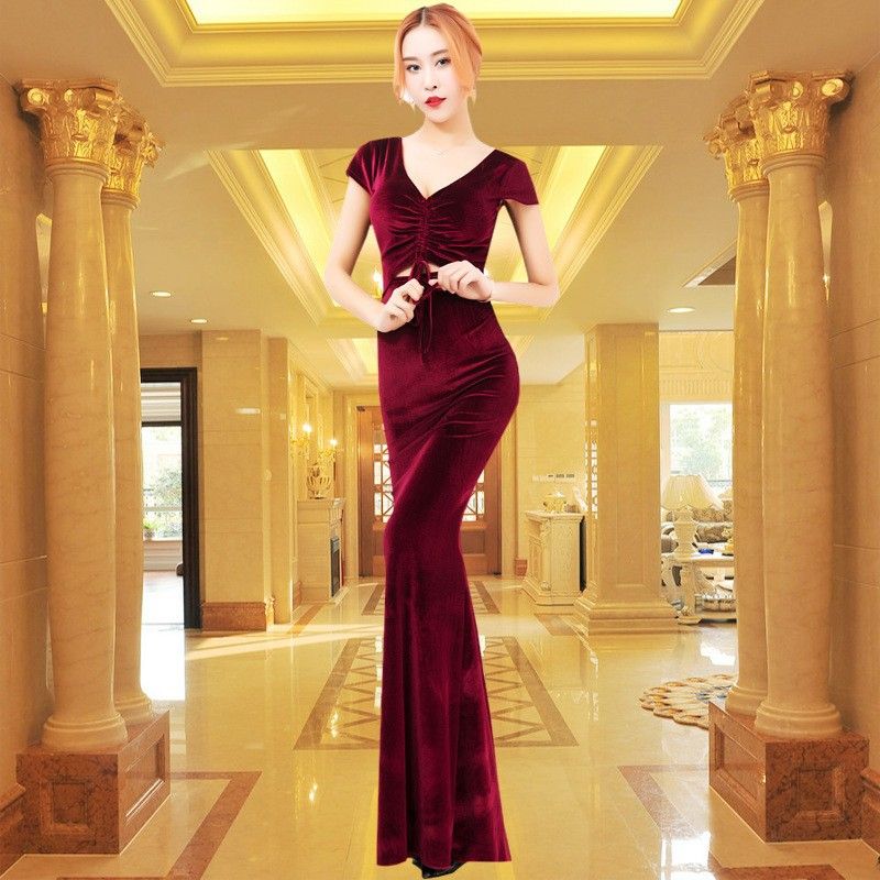 Women's Elegant Solid Color Velvet Maxi Dress Slim Fit Formal Wedding Guest Evening Dresses_ecoleips.com